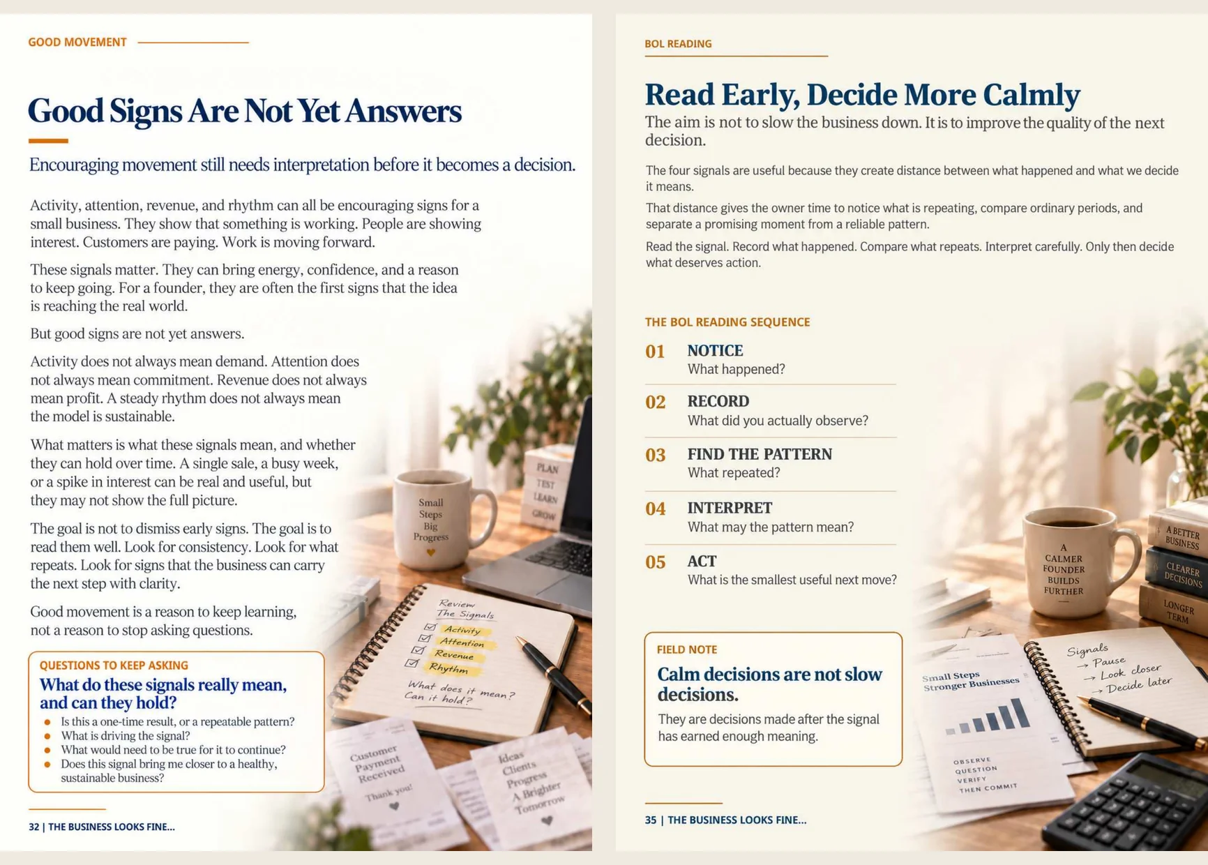 Two-page Commercial Edition spread: Good Signs Are Not Yet Answers and Read Early, Decide More Calmly